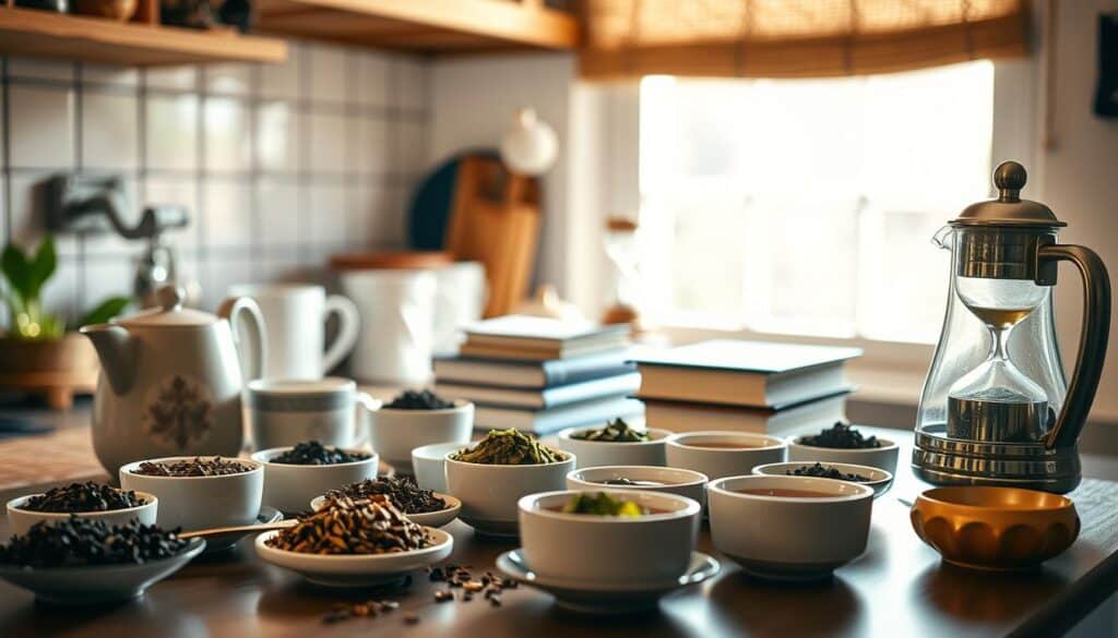 A cozy kitchen counter lined with an array of ceramic teacups, saucers, and tea leaves, bathed in warm, diffused lighting. In the foreground, a steaming kettle and a selection of different tea varieties, including black, green, and herbal blends, each with their own distinct aromas and colors. In the middle ground, a stack of books and a small hourglass, creating a contemplative atmosphere. The background is softly blurred, hinting at a tranquil window view, evoking a sense of relaxation and mindfulness. The overall scene radiates a harmonious balance between the energizing properties of caffeine-containing teas and their potential for soothing headache relief.