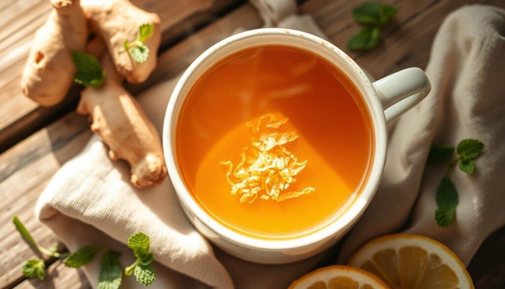 A steaming mug of ginger tea, its warm amber hue reflecting the soft, diffused light of an afternoon sun. Freshly grated ginger root infuses the liquid with its earthy, pungent aroma, lending soothing properties to ease the throbbing pressure of a migraine. Surrounding the mug, delicate sprigs of mint and a scattering of lemon slices, their citrus notes complementing the ginger's bite. The scene is captured in a cozy, rustic setting, with a wooden tabletop and a textured linen napkin, evoking a sense of comfort and natural healing. The overall mood is one of tranquility and relief, a visual representation of using ginger's anti-inflammatory properties to find respite from the debilitating pain of a migraine.