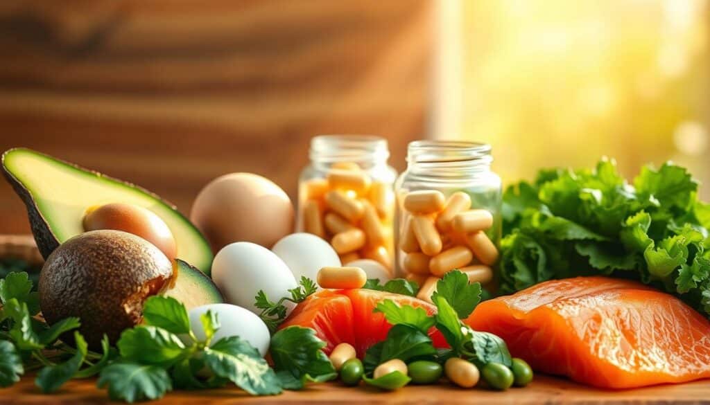 A vibrant still life composition capturing an assortment of B-vitamin rich foods arranged against a soft, natural backdrop. In the foreground, a selection of whole foods like avocado, eggs, salmon, and leafy greens are elegantly displayed. The middle ground features a glass jar filled with B-complex capsules, casting a warm glow. The background showcases a serene, sun-dappled setting with a wooden table or surface, evoking a sense of tranquility and wellness. The lighting is soft and diffused, highlighting the colors and textures of the ingredients. The overall mood is one of nourishment, soothing, and natural headache relief.