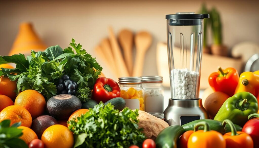 A vibrant, sun-drenched kitchen counter overflowing with a selection of fresh, wholesome ingredients. In the foreground, a variety of colorful fruits and vegetables - juicy oranges, crisp leafy greens, ripe avocados, and vibrant bell peppers - arranged in an artful, inviting display. In the middle ground, glass jars filled with supplements like magnesium and vitamin B2 stand alongside a sleek blender, ready to transform these natural ingredients into a nourishing, headache-fighting smoothie. The background features warm, diffused lighting, casting a soft, soothing glow over the scene, evoking a sense of calm and wellness. The overall composition conveys the idea of a balanced, holistic approach to managing headaches through a thoughtfully curated, wholesome meal plan.