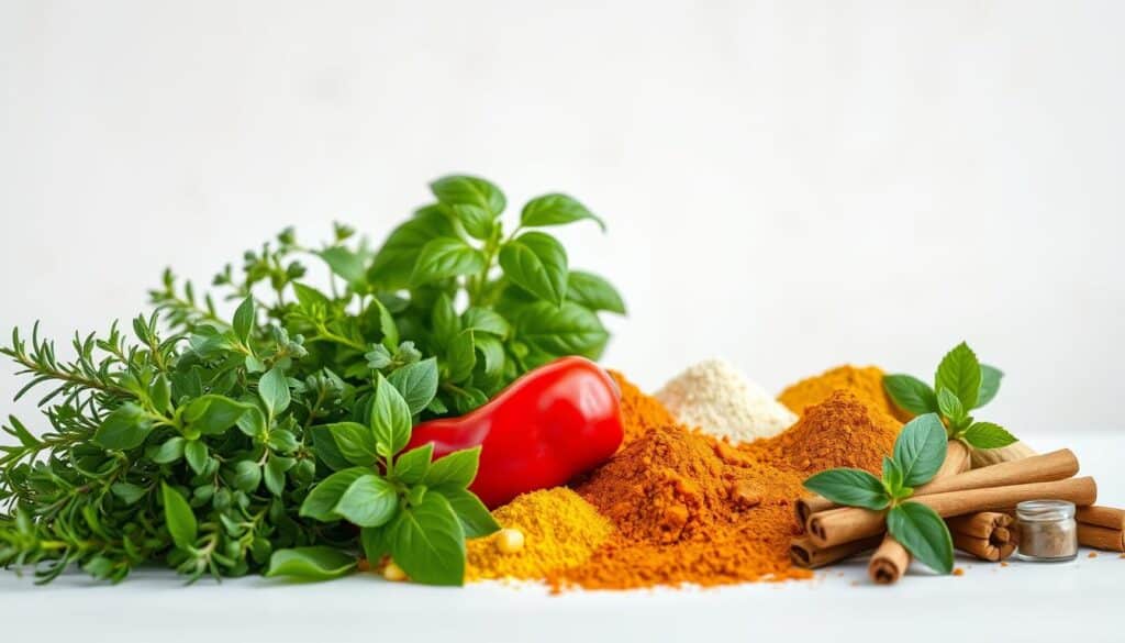 A neatly organized display of various herbs and spices, arranged against a clean, minimalist background. The foreground features an assortment of aromatic botanicals, including rosemary, thyme, oregano, and basil, their vibrant green hues contrasting with the deep red of a single, freshly cut chili pepper. The middle ground showcases a selection of ground spices, such as turmeric, cumin, and cinnamon, their rich, earthy tones complementing the herbal elements. The background is a soft, neutral backdrop, allowing the natural colors and textures of the ingredients to take center stage. The lighting is soft and diffused, creating a calming, natural ambiance that emphasizes the health-promoting properties of these flavorful botanicals. The overall composition conveys a sense of balance, harmony, and the potential for using these herbs and spices to support healthy blood pressure levels. A neatly organized display of various herbs and spices, arranged against a clean, minimalist background. The foreground features an assortment of aromatic botanicals, including rosemary, thyme, oregano, and basil, their vibrant green hues contrasting with the deep red of a single, freshly cut chili pepper. The middle ground showcases a selection of ground spices, such as turmeric, cumin, and cinnamon, their rich, earthy tones complementing the herbal elements. The background is a soft, neutral backdrop, allowing the natural colors and textures of the ingredients to take center stage. The lighting is soft and diffused, creating a calming, natural ambiance that emphasizes the health-promoting properties of these flavorful botanicals. The overall composition conveys a sense of balance, harmony, and the potential for using these herbs and spices to support healthy blood pressure levels.
