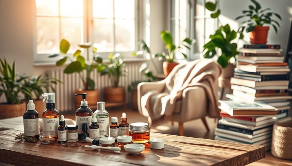 A serene, sunlit room filled with natural elements that inspire a lifestyle for better skin. In the foreground, a wooden table holds an array of skincare products - natural oils, creams, and facial tools. The middle ground features a plush armchair draped with a cozy, textured blanket, inviting the viewer to relax and unwind. In the background, large windows allow warm, diffused light to pour in, highlighting lush potted plants and a stack of wellness-focused books. The overall mood is one of tranquility, self-care, and a holistic approach to radiant, healthy skin. A serene, sunlit room filled with natural elements that inspire a lifestyle for better skin. In the foreground, a wooden table holds an array of skincare products - natural oils, creams, and facial tools. The middle ground features a plush armchair draped with a cozy, textured blanket, inviting the viewer to relax and unwind. In the background, large windows allow warm, diffused light to pour in, highlighting lush potted plants and a stack of wellness-focused books. The overall mood is one of tranquility, self-care, and a holistic approach to radiant, healthy skin.