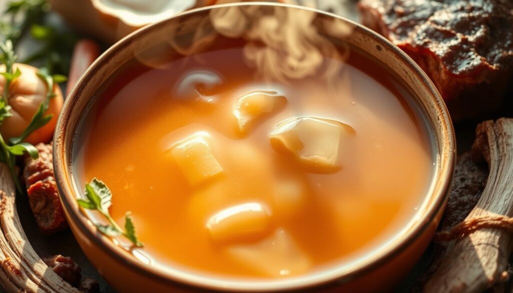 A steaming bowl of rich, golden bone broth, its surface shimmering with a layer of collagen. The broth is surrounded by an artful arrangement of ingredients - beef bones, vegetables, and fresh herbs. The lighting is warm and natural, casting a soft glow on the scene. The camera angle is slightly elevated, highlighting the translucent, gelatinous texture of the collagen. The overall mood is one of nourishment and wellness, inviting the viewer to experience the benefits of this ancient superfood. A steaming bowl of rich, golden bone broth, its surface shimmering with a layer of collagen. The broth is surrounded by an artful arrangement of ingredients - beef bones, vegetables, and fresh herbs. The lighting is warm and natural, casting a soft glow on the scene. The camera angle is slightly elevated, highlighting the translucent, gelatinous texture of the collagen. The overall mood is one of nourishment and wellness, inviting the viewer to experience the benefits of this ancient superfood.
