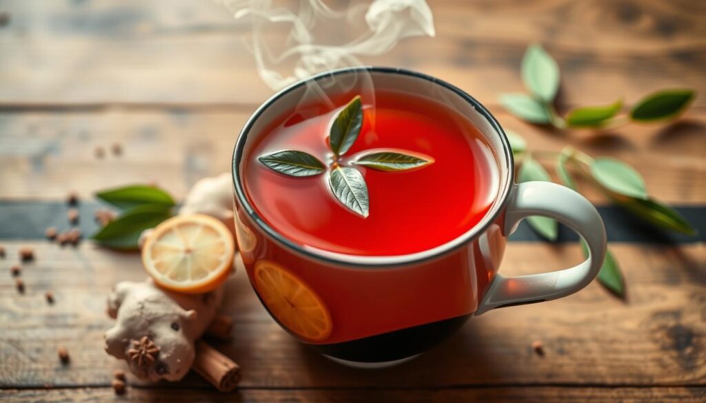 A steaming ceramic teacup filled with a vibrant red-orange liquid, surrounded by fresh green tea leaves, ginger slices, and a sprinkle of cinnamon sticks. The cup is placed on a wooden table, with a sleek, modern, black-and-white design. Soft, warm lighting illuminates the scene, creating a cozy, inviting atmosphere. The tea's deep, earthy aroma fills the air, hinting at its potential health benefits for high blood pressure. The overall composition suggests a wholesome, natural remedy to be savored and enjoyed. A steaming ceramic teacup filled with a vibrant red-orange liquid, surrounded by fresh green tea leaves, ginger slices, and a sprinkle of cinnamon sticks. The cup is placed on a wooden table, with a sleek, modern, black-and-white design. Soft, warm lighting illuminates the scene, creating a cozy, inviting atmosphere. The tea's deep, earthy aroma fills the air, hinting at its potential health benefits for high blood pressure. The overall composition suggests a wholesome, natural remedy to be savored and enjoyed.