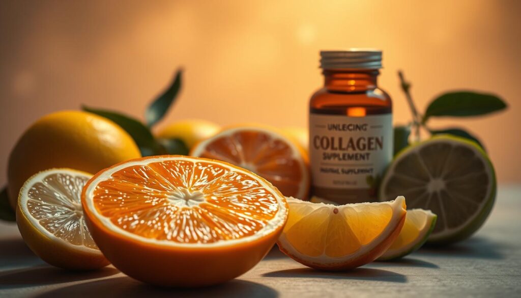 A vibrant still life depicting citrus fruits bursting with vitamin C, radiating a warm, golden light. In the foreground, a sliced orange reveals glistening segments, surrounded by fresh lemon and lime wedges. In the middle ground, a bottle of collagen supplement glows with an amber hue, complementing the juicy citrus. The background features a soft, ethereal backdrop, hinting at the skin-nourishing properties of this natural collagen-boosting combination. The scene is captured with a shallow depth of field, creating a sense of depth and focus on the key elements. Muted, earthy tones and a soft, diffused lighting evoke a soothing, natural atmosphere. A vibrant still life depicting citrus fruits bursting with vitamin C, radiating a warm, golden light. In the foreground, a sliced orange reveals glistening segments, surrounded by fresh lemon and lime wedges. In the middle ground, a bottle of collagen supplement glows with an amber hue, complementing the juicy citrus. The background features a soft, ethereal backdrop, hinting at the skin-nourishing properties of this natural collagen-boosting combination. The scene is captured with a shallow depth of field, creating a sense of depth and focus on the key elements. Muted, earthy tones and a soft, diffused lighting evoke a soothing, natural atmosphere.