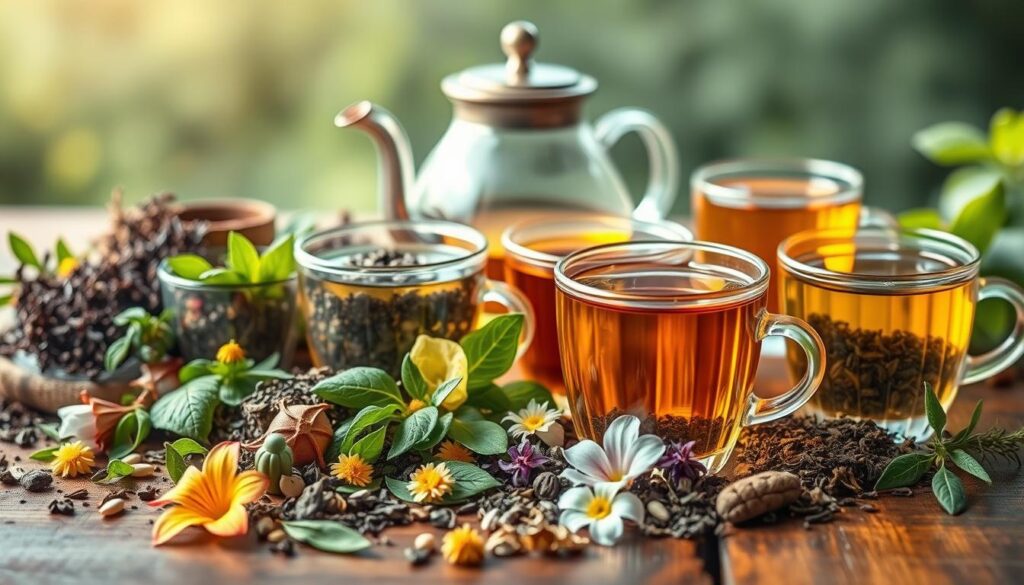 An assortment of herbal teas arranged on a wooden table, with a soothing natural lighting. In the foreground, several types of tea leaves, flowers, and infused tea cups are prominently displayed. In the middle ground, a teapot and additional cups are present, creating a harmonious tea-drinking scene. The background features a soft, blurred natural setting, evoking a sense of tranquility and wellness. The overall mood is one of relaxation and natural healing, highlighting the restorative properties of these teas for improving skin health and tackling acne. An assortment of herbal teas arranged on a wooden table, with a soothing natural lighting. In the foreground, several types of tea leaves, flowers, and infused tea cups are prominently displayed. In the middle ground, a teapot and additional cups are present, creating a harmonious tea-drinking scene. The background features a soft, blurred natural setting, evoking a sense of tranquility and wellness. The overall mood is one of relaxation and natural healing, highlighting the restorative properties of these teas for improving skin health and tackling acne.