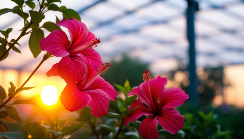 Vibrant hibiscus flowers gently interacting in a serene outdoor setting. Delicate petals unfurling in the soft, diffused lighting of a golden hour sunset. Stamens reaching outward, pollen transferring between blooms in a graceful botanical dance. Lush green foliage in the middle ground provides a natural frame, while a blurred background of hazy blues and purples suggests a tranquil garden or greenhouse environment. The overall scene conveys a sense of balance, harmony, and the intricate symbiosis between plants and their pollinators. Vibrant hibiscus flowers gently interacting in a serene outdoor setting. Delicate petals unfurling in the soft, diffused lighting of a golden hour sunset. Stamens reaching outward, pollen transferring between blooms in a graceful botanical dance. Lush green foliage in the middle ground provides a natural frame, while a blurred background of hazy blues and purples suggests a tranquil garden or greenhouse environment. The overall scene conveys a sense of balance, harmony, and the intricate symbiosis between plants and their pollinators.