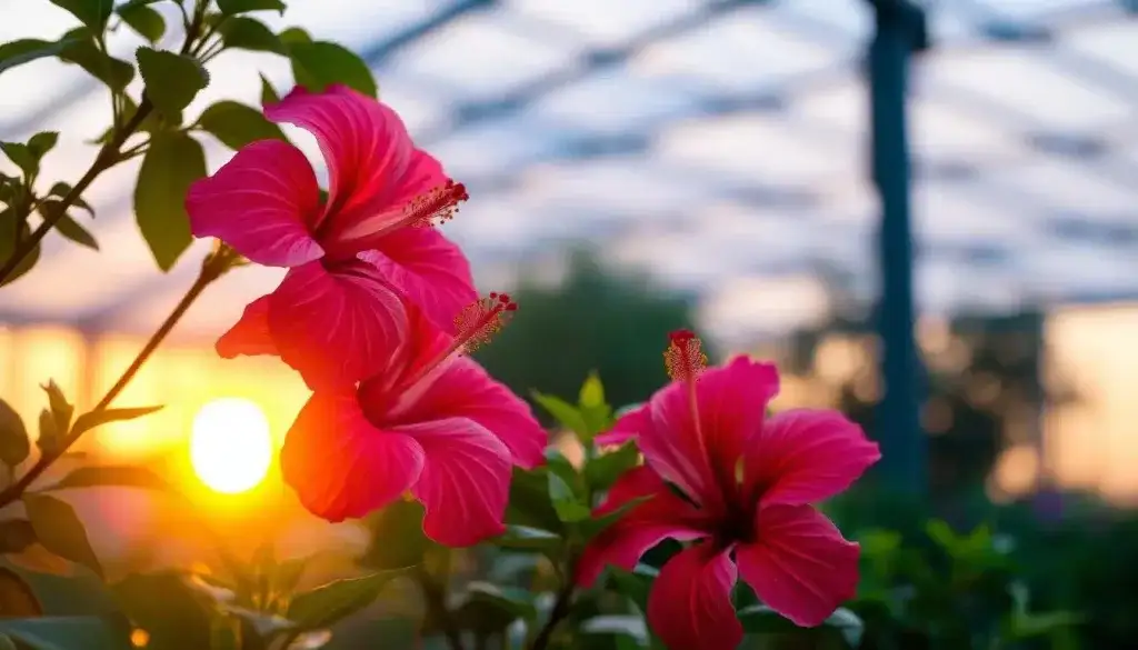 Vivaci fiori di ibisco che interagiscono dolcemente in un sereno ambiente all'aperto. Petali delicati che si schiudono nella luce morbida e diffusa di un tramonto all'ora d'oro. Stami che si protendono verso l'esterno, polline che si trasferisce tra i fiori in una graziosa danza botanica. Il lussureggiante fogliame verde in secondo piano fornisce una cornice naturale, mentre uno sfondo sfocato di blu e viola velati suggerisce un tranquillo giardino o una serra. La scena complessiva trasmette un senso di equilibrio, armonia e l'intricata simbiosi tra le piante e i loro impollinatori. Vivaci fiori di ibisco che interagiscono dolcemente in un sereno ambiente all'aperto. Petali delicati che si schiudono nella luce morbida e diffusa di un tramonto all'ora d'oro. Stami che si protendono verso l'esterno, polline che si trasferisce tra i fiori in una graziosa danza botanica. Il lussureggiante fogliame verde in secondo piano fornisce una cornice naturale, mentre uno sfondo sfocato di blu e viola velati suggerisce un tranquillo giardino o una serra. La scena complessiva trasmette un senso di equilibrio, armonia e l'intricata simbiosi tra le piante e i loro impollinatori.