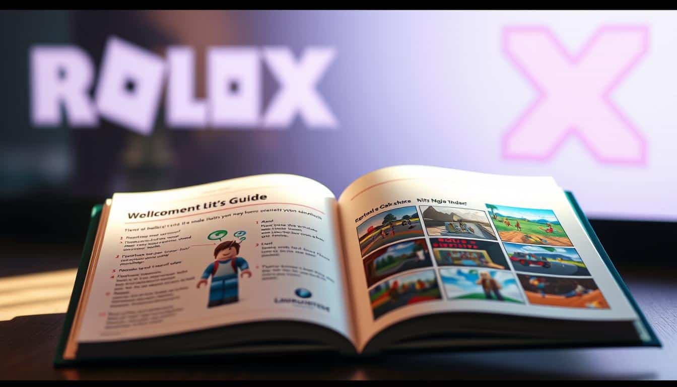 A Roblox beginner's guide, depicted as an open book with detailed instructions and helpful illustrations. In the foreground, a welcoming interface with a Roblox character, colorful icons, and clear step-by-step explanations. The middle ground showcases various Roblox game scenes, from vibrant landscapes to engaging gameplay moments. The background features a soft, blurred Roblox logo and a sense of depth, creating an immersive and informative visual experience. Lighting is soft and inviting, with a warm, encouraging tone that captures the spirit of exploring the world of Roblox. The image conveys a sense of discovery, accessibility, and the endless possibilities that await new players.