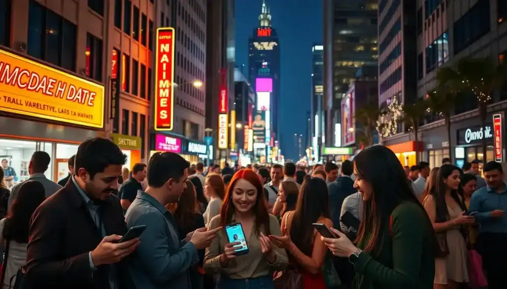 Una vivace strada cittadina di notte, illuminata dal caldo bagliore dei lampioni e delle insegne al neon. In primo piano, un gruppo di giovani professionisti immersi in una conversazione animata, che gesticolano eccitati mentre navigano su un'app di incontri sui loro smartphone. In secondo piano, una folla eterogenea di persone che socializzano e si scambiano informazioni di contatto, creando un senso di energia e connessione. Sullo sfondo, le sagome dei grattacieli e le luci scintillanti dello skyline della città fanno da cornice a questa esperienza di incontri frenetica e guidata dalla tecnologia.