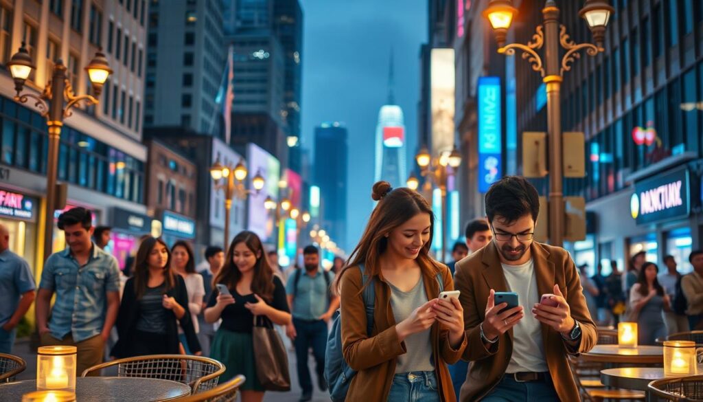 A bustling city street, illuminated by the warm glow of streetlights, as young couples stroll hand-in-hand, their faces aglow with the soft light of their mobile devices. In the foreground, two friends sit at an outdoor cafe, engrossed in animated conversation, their fingers deftly navigating dating app interfaces. The middle ground features a diverse mix of individuals, some deep in thought, others gesturing excitedly, all immersed in the virtual world of modern romance. In the background, skyscrapers and neon signs suggest a vibrant, ever-evolving urban landscape, where technology and human connection intertwine to shape the social landscape of modern dating.