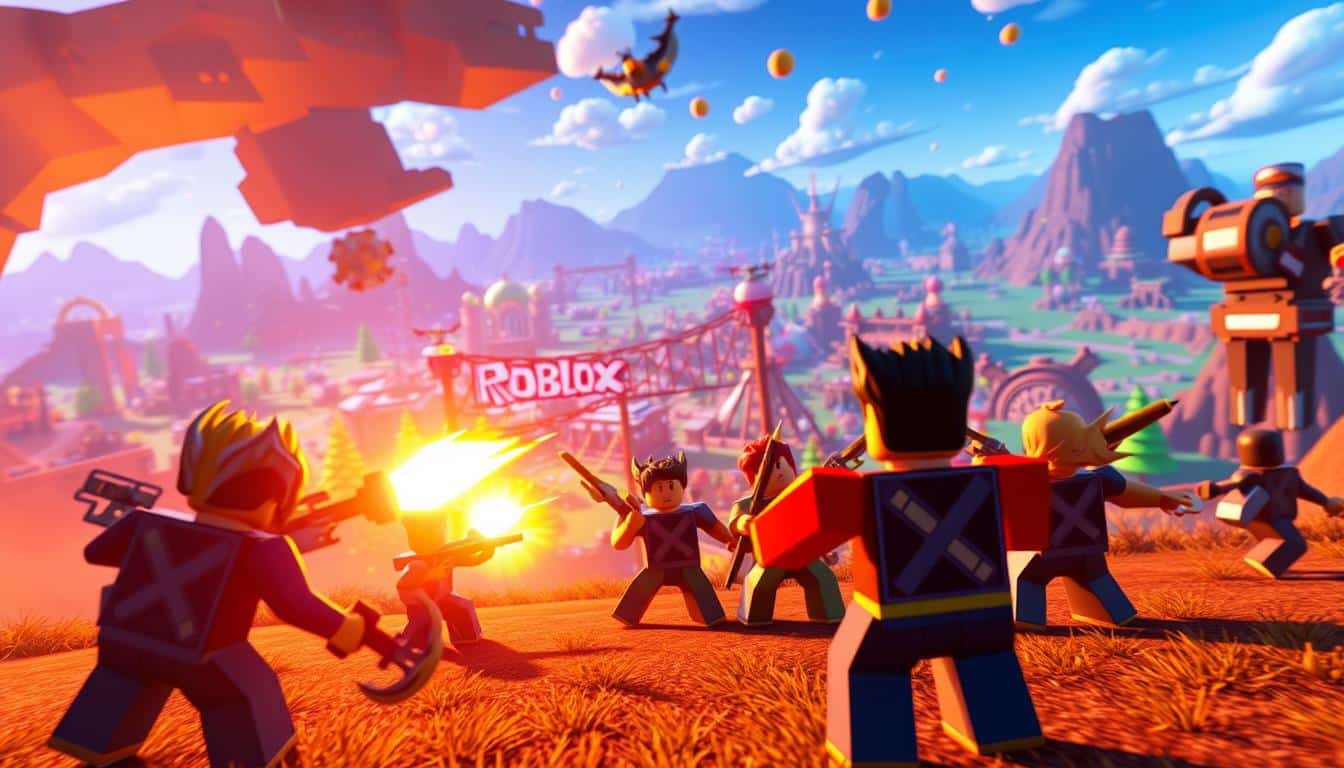 A captivating Roblox gameplay scene unfolds in a vibrant, three-dimensional world. The foreground showcases a group of players engaged in an intense battle, their blocky avatars wielding various weapons and abilities. The middle ground reveals a sprawling Roblox environment, with diverse landscapes, structures, and interactive elements that invite exploration. In the background, a dynamic lighting setup casts dynamic shadows and highlights, creating a sense of depth and immersion. The overall atmosphere is one of adventure, creativity, and the boundless possibilities that the Roblox gaming platform offers.