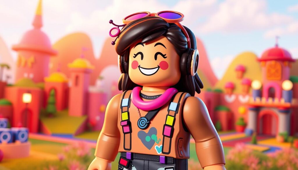 A cheerful, colorful Roblox avatar standing in a vibrant, whimsical world. The avatar has a playful, customized appearance with a unique outfit, accessories, and facial features that express the user's personality. The scene is bathed in warm, soft lighting that creates a welcoming, inviting atmosphere. The background features fantastical, blocky landscapes and structures that capture the distinctive Roblox aesthetic. The overall composition conveys a sense of creativity, self-expression, and the joyful experience of exploring and customizing one's virtual persona.