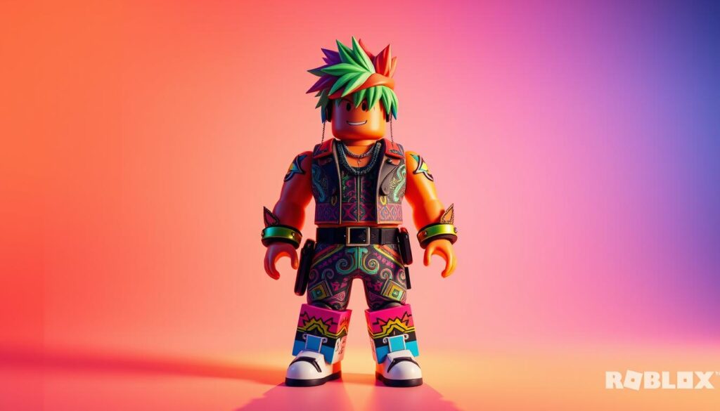 A colorful, dynamic Roblox avatar standing confidently in a visually captivating pose. The avatar's customized outfit showcases a distinct personal style, with vibrant colors, intricate patterns, and unique accessories that reflect the player's creativity and flair. The character is positioned in the center of the frame, bathed in warm, diffused lighting that accentuates the details of the design. The background blends a gradient of complementary hues, creating a visually striking and immersive environment that enhances the avatar's striking presence. The overall composition conveys a sense of individuality, self-expression, and the endless possibilities for avatar customization within the Roblox universe.