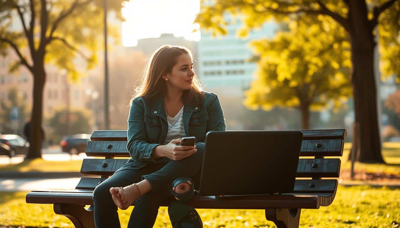 A couple sitting close together on a park bench, engrossed in a conversation, with a serene urban landscape in the background. The lighting is warm and natural, casting a soft glow on their faces as they lean towards each other, giving the impression of an intimate and relaxed atmosphere. The angle of the shot is slightly elevated, creating a sense of voyeurism, as if the viewer is observing a private moment. The image conveys the idea of the advantages of dating apps, where people can connect and find meaningful relationships in a casual and comfortable setting.