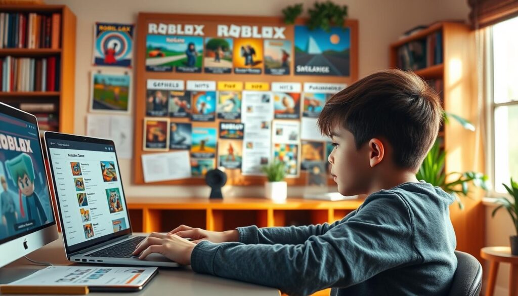 A cozy and inviting Roblox game discovery scene. In the foreground, a young gamer sits at their desk, intently scrolling through a list of Roblox game titles on their laptop screen. The middle ground features a bulletin board adorned with colorful Roblox game screenshots, hints, and recommendations, creating an atmosphere of exploration and discovery. The background showcases a warm, welcoming room with bookshelves, plants, and natural lighting, setting a relaxed and inspiring mood for finding the perfect Roblox experience. The overall composition conveys a sense of calm curiosity and the joy of uncovering new gaming adventures within the Roblox universe.