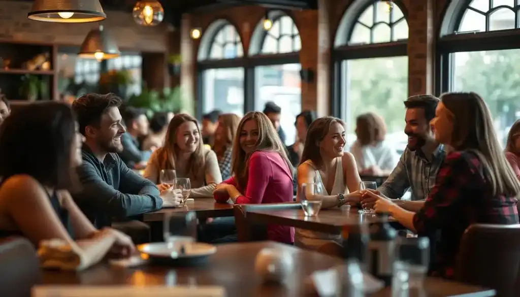 A cozy cafe, couples seated at intimate tables, warm lighting filtering through large windows. In the foreground, a diverse array of people - smiling, laughing, engaged in lively conversation. In the middle ground, a sense of connection and camaraderie, friends introducing one another, swapping stories of how they met on a popular dating app. The background blurs gently, conveying a feeling of community and shared experience. The overall atmosphere is one of joy, positivity, and the magic of modern romance kindled through digital matchmaking.