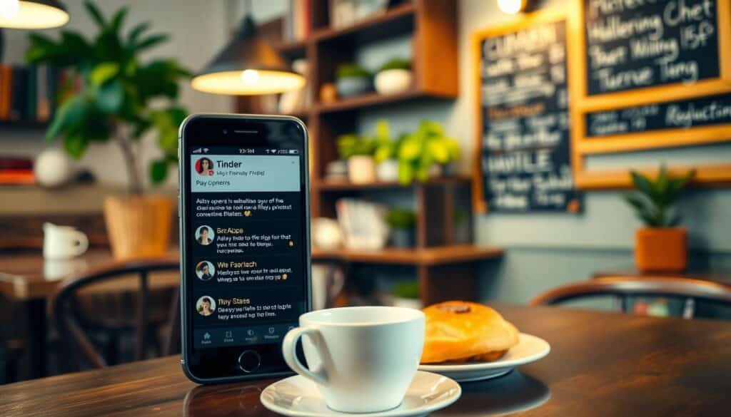 A cozy café interior, soft lighting casts a warm glow. In the foreground, a smartphone screen displays various Tinder profile pictures and messages - playful openers, flirtatious introductions, and engaging conversation starters. The middle ground features a cup of coffee and a plate of pastries, hinting at the relaxed, sociable atmosphere. The background showcases a bookshelf, potted plants, and a chalkboard menu, creating a charming, inviting setting for finding romantic connections.