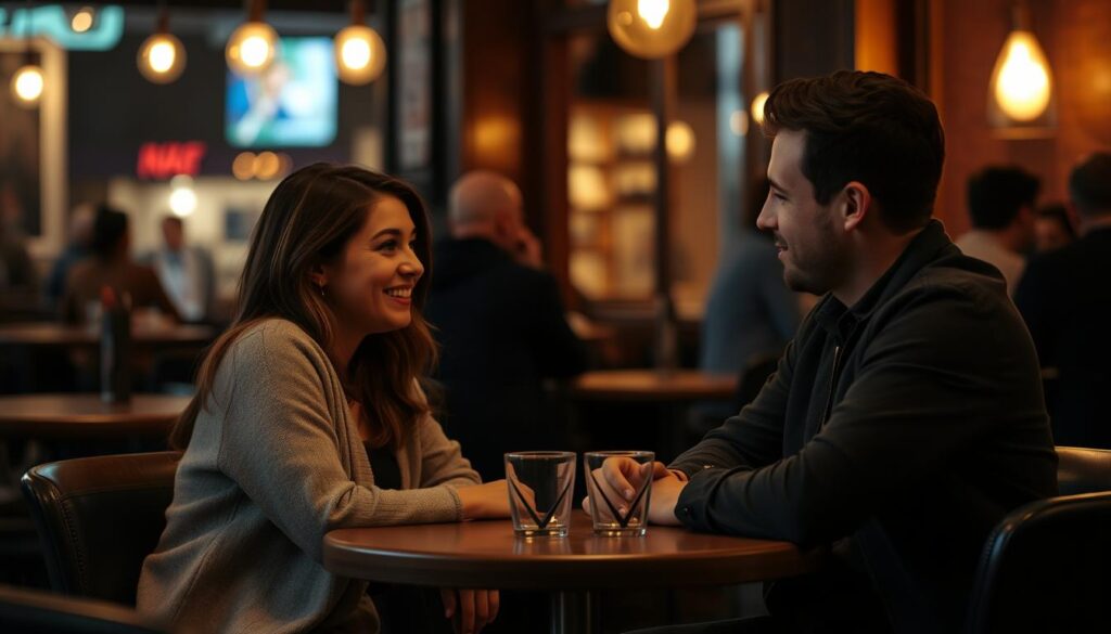 A cozy, dimly lit cafe scene with a couple sitting at a small table, engaged in conversation. The woman, with an open and friendly expression, leans in slightly, while the man has a more reserved posture, indicating he is less certain about his intentions. Soft, warm lighting illuminates their faces, creating an intimate, introspective atmosphere. The background is slightly blurred, hinting at the bustling activity of the cafe, but the focus remains on the couple, their body language and unspoken cues conveying the nuances of their Tinder date and their respective dating intentions.