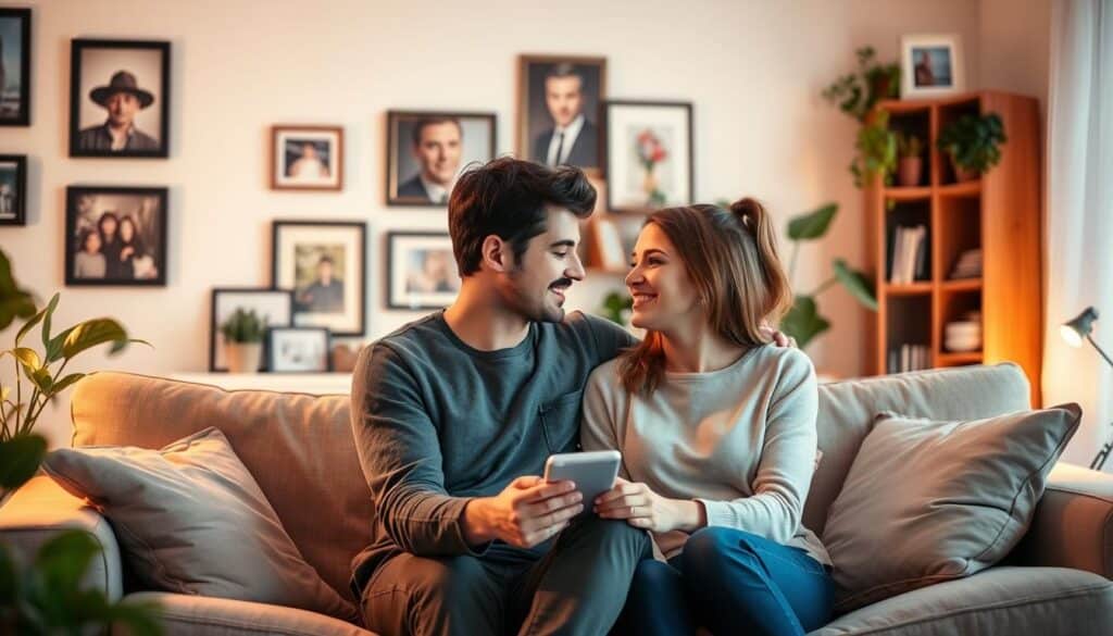 A cozy living room setting, with a young couple sitting on a comfortable sofa, engaged in a deep conversation. Warm, soft lighting illuminates their faces, casting a gentle glow. The room is filled with personal touches, such as framed photographs, potted plants, and a bookshelf in the background, suggesting a shared life and a sense of home. The couple's body language is relaxed and intimate, conveying a connection that has blossomed through the use of a dating app. The overall atmosphere is one of contentment, warmth, and the joy of a meaningful relationship. A cozy living room setting, with a young couple sitting on a comfortable sofa, engaged in a deep conversation. Warm, soft lighting illuminates their faces, casting a gentle glow. The room is filled with personal touches, such as framed photographs, potted plants, and a bookshelf in the background, suggesting a shared life and a sense of home. The couple's body language is relaxed and intimate, conveying a connection that has blossomed through the use of a dating app. The overall atmosphere is one of contentment, warmth, and the joy of a meaningful relationship.
