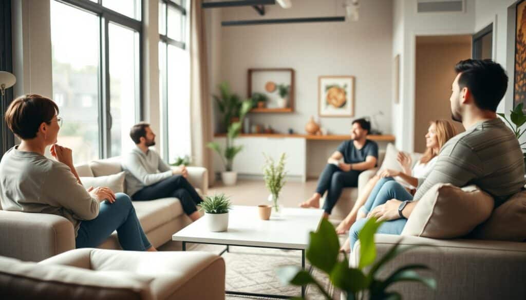 A cozy, modern living room setting with a group of friends casually chatting and socializing. Soft natural lighting filters through large windows, creating a warm, inviting atmosphere. In the foreground, friends are seated on comfortable couches, relaxed and engaged in conversation, their body language conveying a sense of ease and connection. Potted plants, a minimalist coffee table, and soft textiles add to the casual, homey vibe. The middle ground features a minimalist, yet stylish interior design, with neutral tones and clean lines. The background blurs softly, hinting at the outside world, but keeping the focus on the intimate social gathering. A cozy, modern living room setting with a group of friends casually chatting and socializing. Soft natural lighting filters through large windows, creating a warm, inviting atmosphere. In the foreground, friends are seated on comfortable couches, relaxed and engaged in conversation, their body language conveying a sense of ease and connection. Potted plants, a minimalist coffee table, and soft textiles add to the casual, homey vibe. The middle ground features a minimalist, yet stylish interior design, with neutral tones and clean lines. The background blurs softly, hinting at the outside world, but keeping the focus on the intimate social gathering.