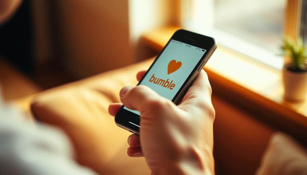 A crisp, close-up view of a person's hand holding a smartphone, the Bumble app interface prominently displayed. The smartphone is positioned against a softly blurred, warm-toned background, perhaps a cozy living room or cafe setting. Warm, directional lighting from the side creates depth and highlights the tactile details of the phone's screen and the person's fingers. The composition is framed tightly, emphasizing the intimate, focused moment of using the dating app. The overall mood is one of casual, confident connection, reflecting the section's title "How to Use Bumble Effectively for Dating". A crisp, close-up view of a person's hand holding a smartphone, the Bumble app interface prominently displayed. The smartphone is positioned against a softly blurred, warm-toned background, perhaps a cozy living room or cafe setting. Warm, directional lighting from the side creates depth and highlights the tactile details of the phone's screen and the person's fingers. The composition is framed tightly, emphasizing the intimate, focused moment of using the dating app. The overall mood is one of casual, confident connection, reflecting the section's title "How to Use Bumble Effectively for Dating".