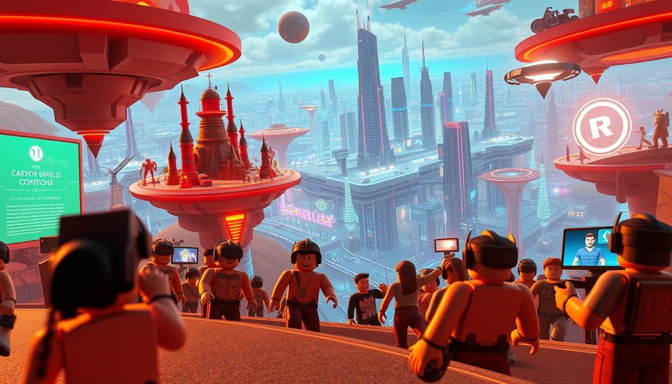 A detailed, futuristic Roblox landscape featuring vibrant floating islands, sci-fi buildings, and holographic displays. The foreground showcases various Roblox characters engaged in gameplay, their expressions animated and their movements dynamic. The middle ground boasts advanced virtual reality gear, sleek user interfaces, and interactive holograms. The background reveals a sprawling, neon-lit cityscape with towering skyscrapers and hover-cars. Warm, saturated lighting creates an immersive, high-tech atmosphere, complemented by a sense of technological wonder and boundless creativity. The overall scene conveys the evolution of the Roblox platform, blending cutting-edge innovation with the signature imaginative charm of the game.