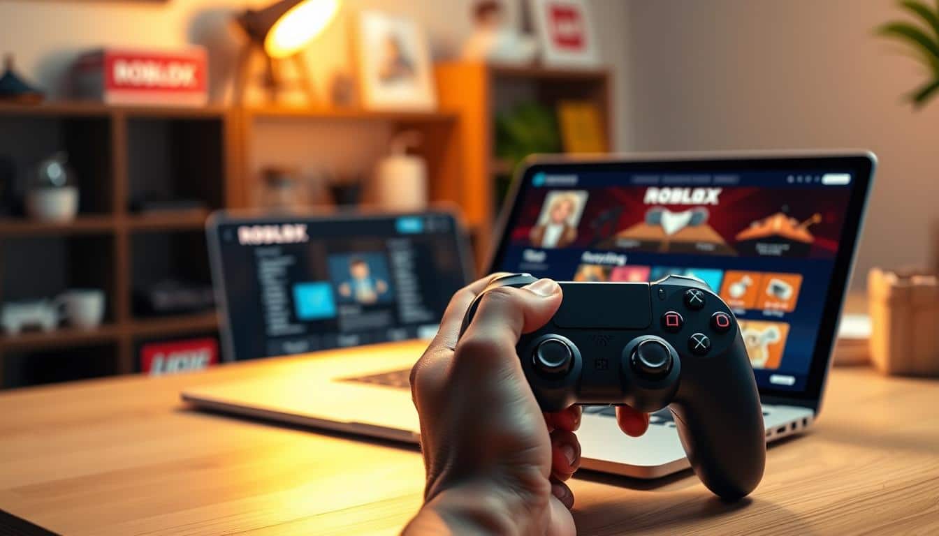 A detailed, realistic rendering of a Roblox gaming guide. In the foreground, a hand holding a game controller, fingers poised over the buttons. The middle ground features a laptop or tablet displaying the Roblox interface, with various menus and options visible. In the background, a subtle, blurred environment suggestive of a gaming setup, with shelves or desk displaying Roblox-themed items and accessories. Warm, directional lighting casts a soft glow, creating a cozy, inviting atmosphere. The overall composition should convey a sense of expertise and mastery of the Roblox gaming experience.