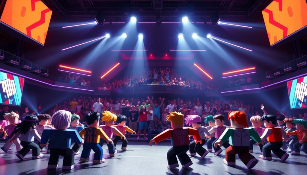 A dynamic esports arena set within the vibrant and blocky world of Roblox. In the foreground, two teams of colorfully stylized avatars compete in an intense match, their movements precise and energetic. The middle ground features a crowd of enthusiastic spectators, their pixelated forms cheering and waving. The background showcases a sleek, futuristic stage design with glowing neon accents, hinting at the high-stakes, cutting-edge nature of Roblox esports. Dramatic lighting casts dynamic shadows, creating a sense of depth and drama. The overall atmosphere is one of fierce competition, community, and the boundless potential of the Roblox gaming ecosystem.