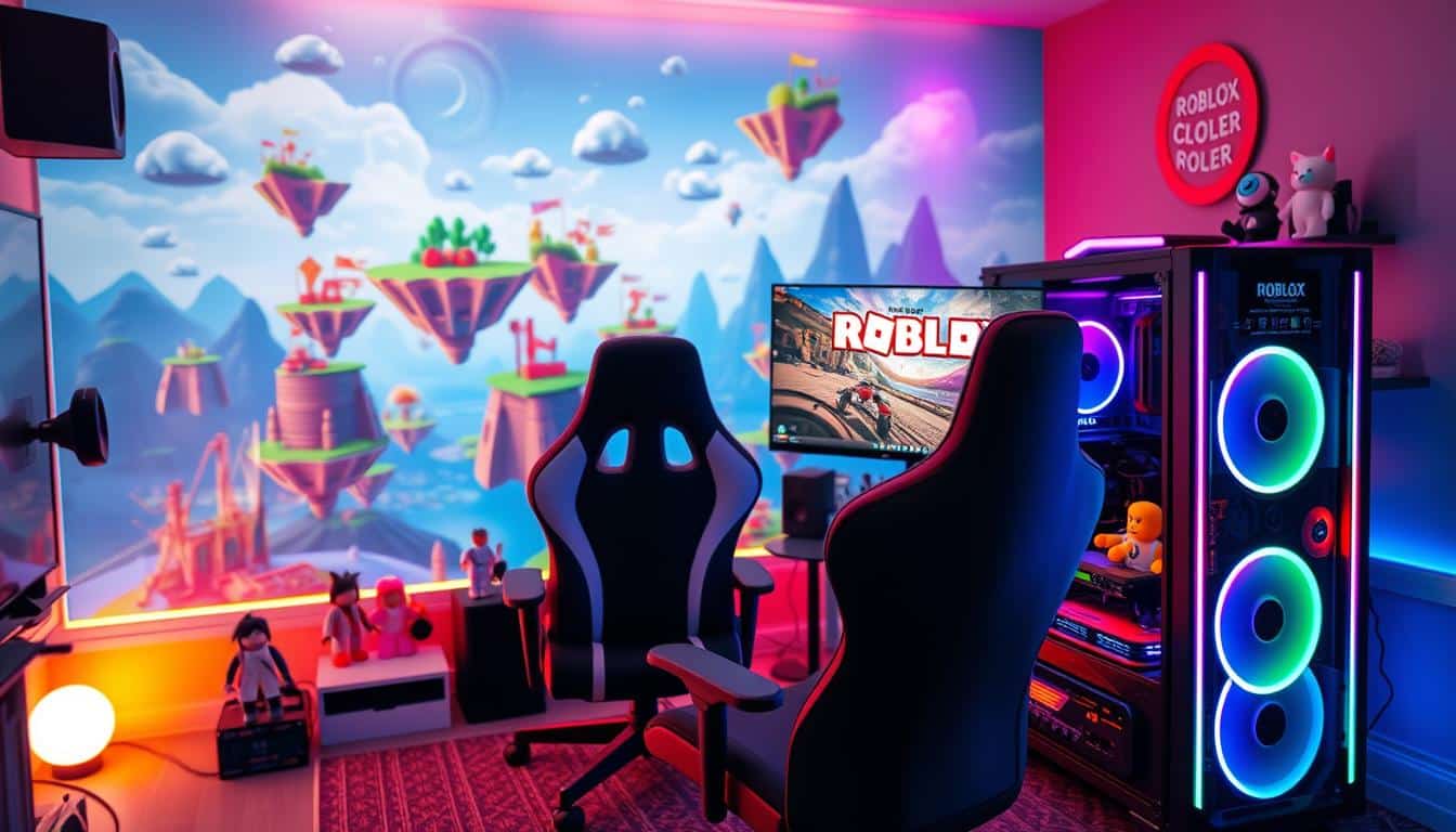 A dynamic gaming setup with a Roblox-themed design. In the foreground, an advanced gaming PC with RGB lighting and a high-resolution monitor displaying a Roblox game. In the middle ground, a comfortable gaming chair and a variety of Roblox-inspired accessories, such as figurines and plushies. The background features a vibrant, virtual Roblox landscape with floating islands, colorful buildings, and a sense of playful exploration. The lighting is a combination of warm, cozy tones and cool, neon-like accents, creating an immersive and engaging atmosphere for the ultimate Roblox gaming experience.