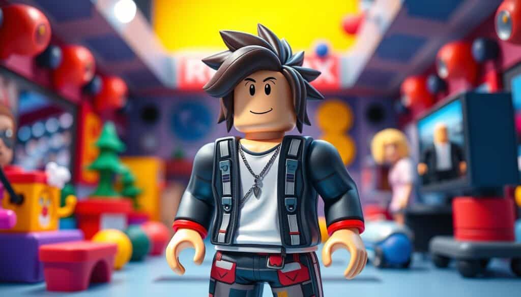 A highly detailed and customized Roblox avatar, standing confidently in a vibrant, playful environment. The avatar's appearance is meticulously crafted, with a unique character design, distinct facial features, and a personalized outfit that reflects the user's style and personality. The avatar is positioned in a well-lit, dynamic scene, surrounded by colorful, imaginative elements that capture the essence of the Roblox gaming experience. The overall composition and lighting create a sense of depth, movement, and immersion, inviting the viewer to envision themselves customizing and exploring their own Roblox world.