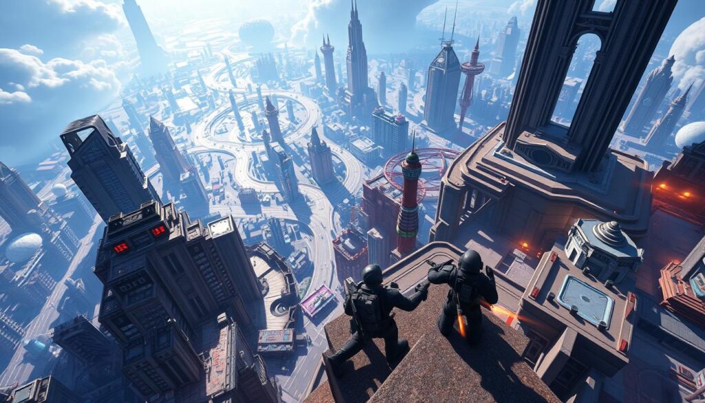 A highly detailed, photorealistic 4K digital illustration of a Roblox game map, showcasing advanced map awareness strategies for competitive gameplay. The scene depicts a sprawling, futuristic city landscape with towering skyscrapers, winding roads, and intricate environmental details. Players are seen navigating the map, utilizing high vantage points, cover, and traversal mechanics to gain a tactical advantage. The lighting is dramatic, with a cool color palette and subtle lens flares, creating a sense of intensity and strategic depth. The composition emphasizes the scale and complexity of the map, highlighting the importance of spatial awareness and tactical positioning for players seeking to excel in Roblox's most demanding competitive arenas.