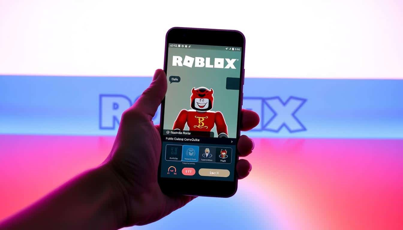 A minimalist, clean-lined illustration of a Roblox game guide. In the foreground, a hand holds a smartphone displaying a Roblox interface, with a stylized character model and UI elements. The middle ground features a sleek, futuristic Roblox logo against a vibrant, gradient background. The scene is lit with soft, directional lighting, creating depth and a sense of depth. The overall mood is one of modern, accessible technology, inviting the viewer to explore the world of Roblox.