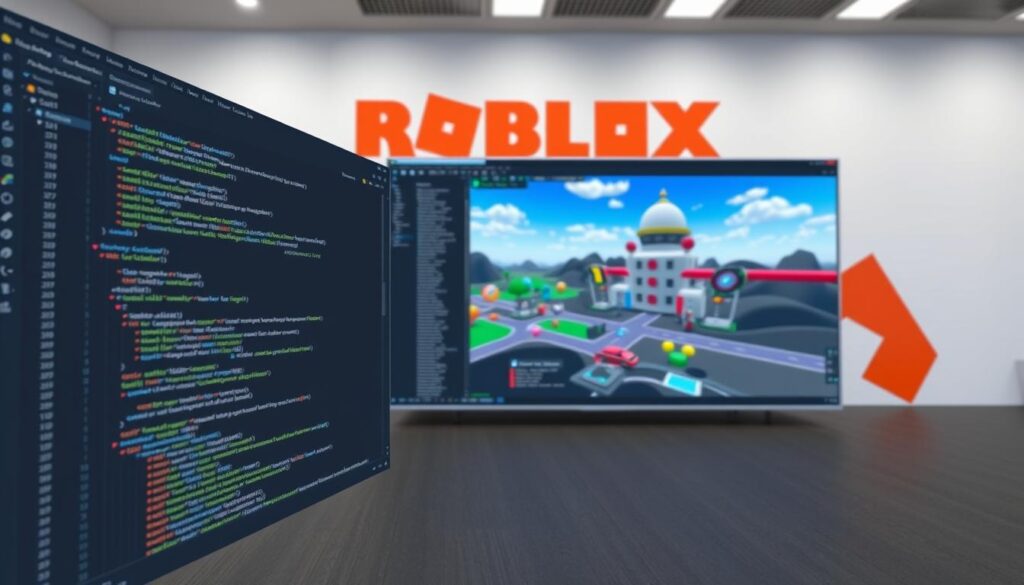 A modern, well-lit 3D Roblox Studio interface with a clean, intuitive layout. The foreground features an expansive code editor window, its syntax-highlighted text indicating active game logic development. In the middle ground, a detailed 3D viewport displays a vibrant Roblox game scene, showcasing the engine's powerful rendering capabilities. The background subtly incorporates Roblox's iconic branding, with the signature orange color scheme and playful geometric shapes hinting at the platform's creative potential. The overall atmosphere exudes a balance of technical sophistication and youthful dynamism, inspiring the viewer to dive into the world of Roblox game creation.