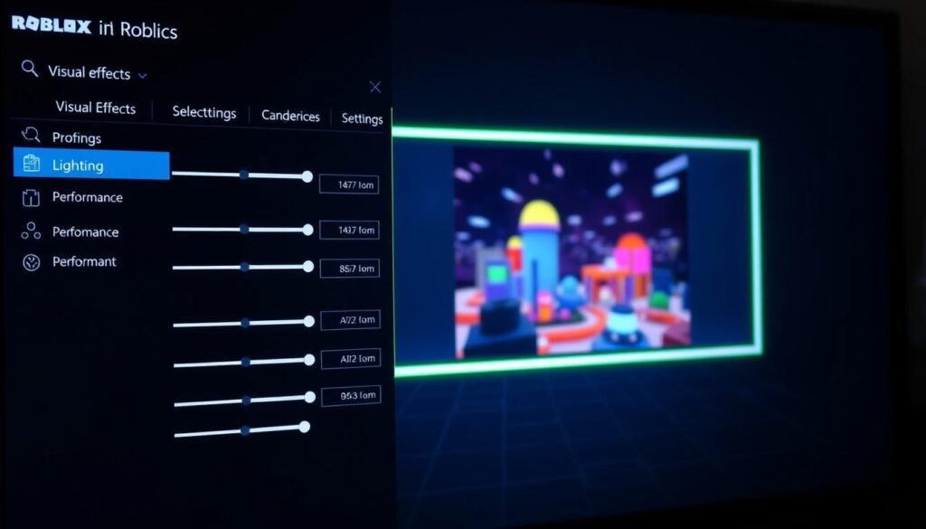 A neon-lit computer interface displaying a meticulously designed Roblox graphics settings menu. The foreground showcases a series of sliders and toggles, allowing the user to fine-tune visual effects, lighting, and performance. The middle ground features a 3D preview of a vibrant Roblox game world, showcasing the impact of the various settings. The background is a sleek, minimalist design with a subtle grid pattern, conveying a sense of technological sophistication. The overall composition is crisp, with high-contrast colors and a slightly futuristic, immersive atmosphere, reflecting the depth of customization available in the Roblox gaming experience.