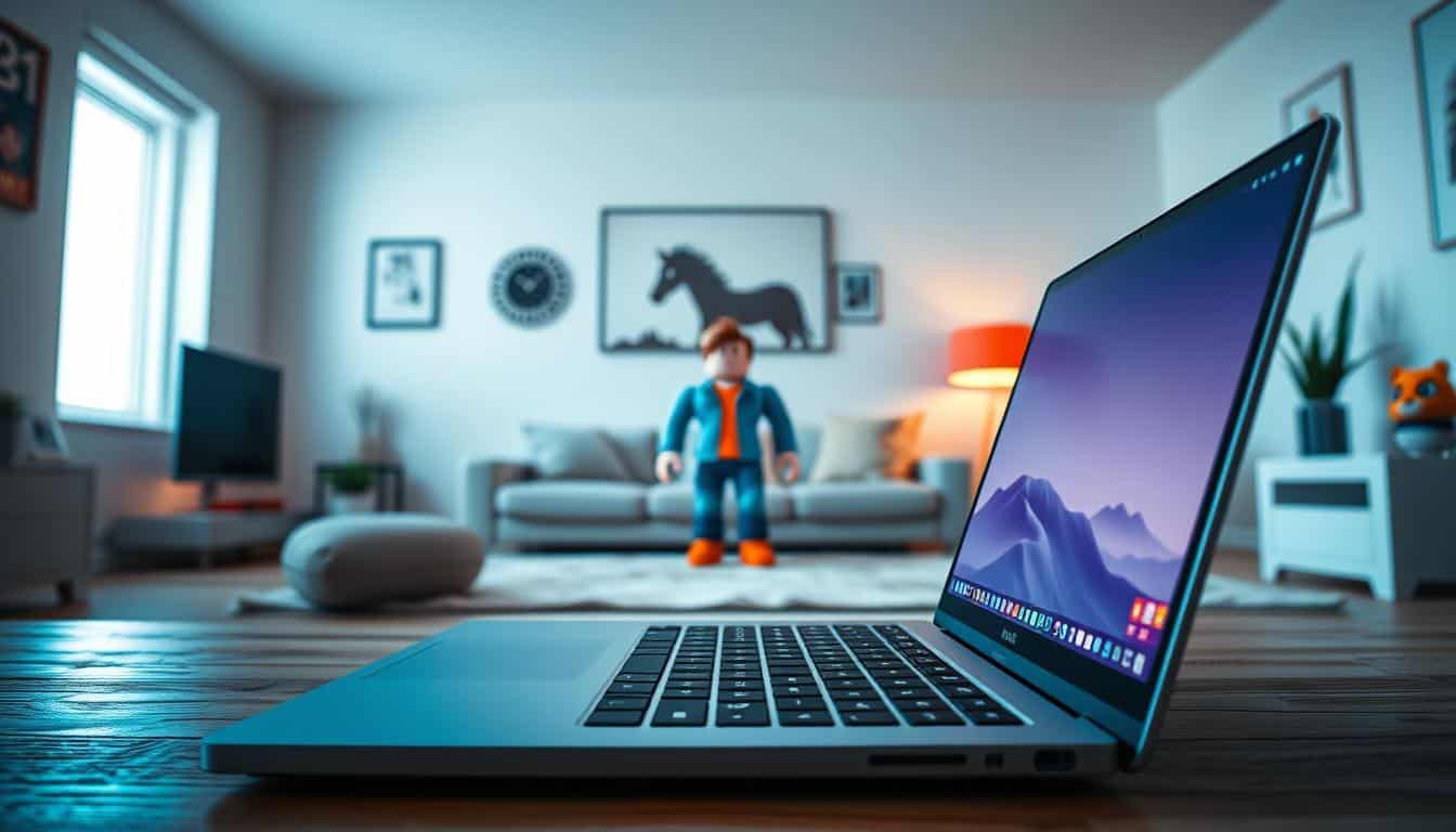 A serene, well-lit Roblox gaming scene, captured in a photorealistic style. In the foreground, an open laptop displays the Roblox interface, its vibrant colors and intuitive design inviting exploration. In the middle ground, a character avatar stands proudly, ready to embark on a new adventure. The background features a cozy, minimalist living space, with clean lines, warm lighting, and subtle Roblox-themed decor, creating a sense of comfort and immersion. The overall atmosphere is one of tranquility and excitement, hinting at the boundless possibilities that await the Roblox gamer.
