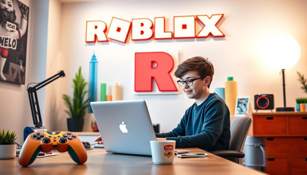 A serene, well-lit Roblox workspace with a young person sitting at a desk, laptop open, surrounded by a variety of Roblox-themed decorations and accessories. In the foreground, a colorful Roblox-inspired controller and a cup of coffee sit on the desk, hinting at the interactivity and immersion of the game. The middle ground features a large Roblox logo prominently displayed on the wall, drawing the viewer's attention to the brand. The background showcases a Roblox-inspired cityscape with vibrant buildings and characters, creating a sense of the diverse worlds and experiences available within the platform. The overall scene conveys a welcoming, approachable, and engaging environment for new Roblox players to dive into the boundless possibilities of the game. A serene, well-lit Roblox workspace with a young person sitting at a desk, laptop open, surrounded by a variety of Roblox-themed decorations and accessories. In the foreground, a colorful Roblox-inspired controller and a cup of coffee sit on the desk, hinting at the interactivity and immersion of the game. The middle ground features a large Roblox logo prominently displayed on the wall, drawing the viewer's attention to the brand. The background showcases a Roblox-inspired cityscape with vibrant buildings and characters, creating a sense of the diverse worlds and experiences available within the platform. The overall scene conveys a welcoming, approachable, and engaging environment for new Roblox players to dive into the boundless possibilities of the game.