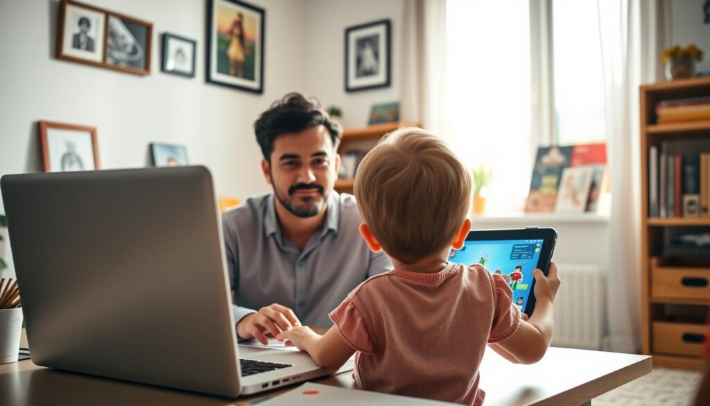 A serene, well-lit home office setting with a laptop, smartphone, and a parent monitoring a young child's Roblox gameplay on a tablet. The parent's expression conveys a thoughtful, guiding presence, while the child's face is turned away, immersed in the virtual world. Soft, natural lighting filters through the window, creating a calming atmosphere. The room is adorned with family photos and educational books, suggesting a nurturing environment focused on positive, supervised play. The overall scene inspires a sense of parental guidance and responsible Roblox engagement.