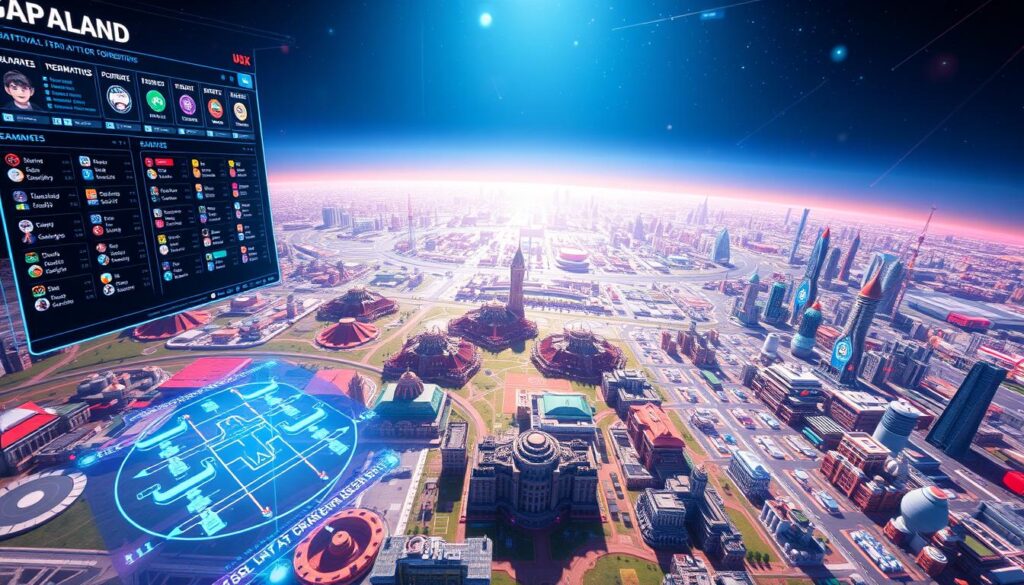 A vast, futuristic map depicting the strategic landscape of competitive Roblox gameplay. In the foreground, a holographic display showcases an intricate network of game modes, player rankings, and tournament brackets. The middle ground features highly detailed 3D models of iconic Roblox environments, each with its own distinct challenges and power-ups. The background presents a panoramic view of a gleaming, high-tech city skyline, hinting at the advanced technological infrastructure that powers the Roblox ecosystem. Bright, vibrant lighting casts a sense of energy and dynamism, while subtle lens flares and depth-of-field effects add a touch of cinematic flair. The overall composition conveys the depth, complexity, and strategic depth of "map knowledge" in the world of competitive Roblox gaming.