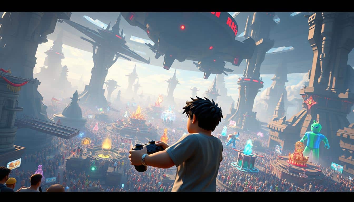 A vast, immersive Roblox world, with towering game environments and vibrant characters. In the foreground, a determined player navigates intricate game mechanics, mastering complex controls and intuitive interfaces. The middle ground reveals a diverse array of Roblox game genres, from thrilling action to captivating puzzles. In the background, a kaleidoscope of player-created experiences, each a testament to the boundless creativity within the Roblox community. Soft, ambient lighting casts a sense of wonder, while a cinematic camera angle captures the grandeur of this gaming masterpiece.