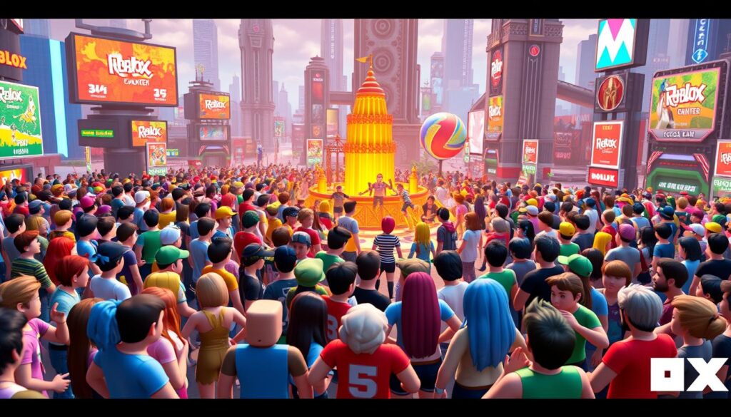 A vibrant Roblox community hub, teeming with a diverse array of players engaged in lively social interactions. In the foreground, avatars of various colorful designs and customizations gather in animated conversations, gesticulating and expressing themselves with a palpable sense of camaraderie. In the middle ground, groups of players collaborate on building intricate structures, their avatars moving in synchronized motions as they bring their creative visions to life. The background is filled with a bustling cityscape of Roblox-themed architecture, with towering game-world structures and neon-lit billboards that lend an energetic, futuristic atmosphere. The lighting is warm and inviting, casting a glow that emanates a sense of joy and excitement inherent to the Roblox experience.