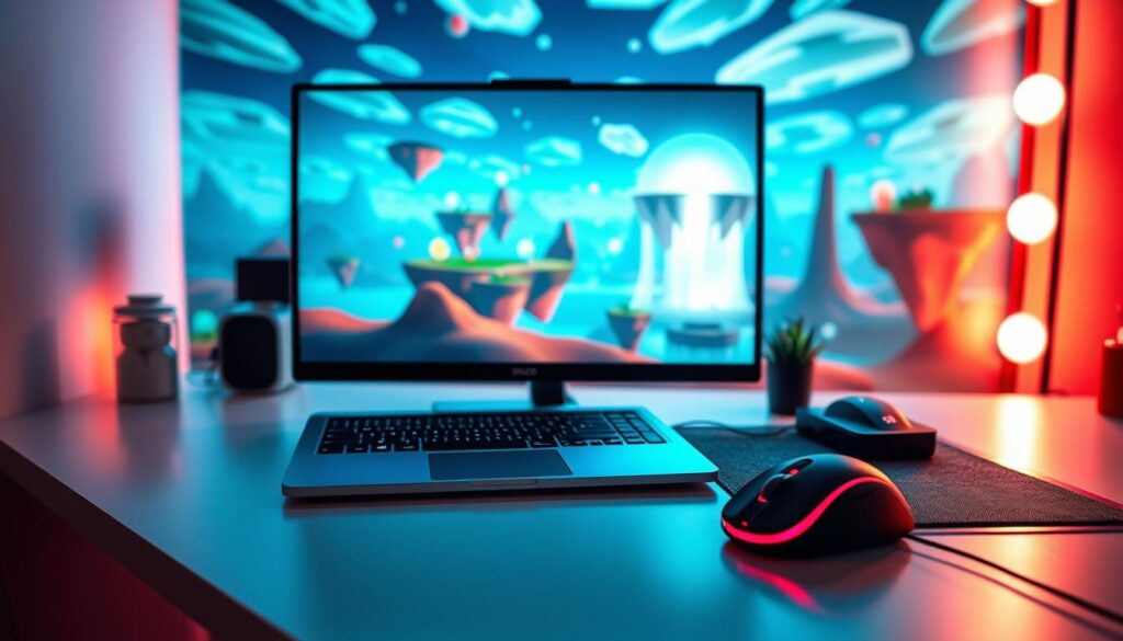 A vibrant Roblox gaming setup with a laptop, joystick, and a sleek gaming mouse on a minimalist desk. The background features a dynamic Roblox-inspired landscape with floating islands, glowing energy fields, and dynamic lighting. The scene conveys an atmosphere of immersive gameplay, where the player is fully engaged in Roblox's virtual world. The lighting is a combination of soft, ambient lighting and dramatic, directional lighting that casts dynamic shadows, creating a sense of depth and three-dimensionality. The overall tone is one of excitement, exploration, and a passion for Roblox gaming.