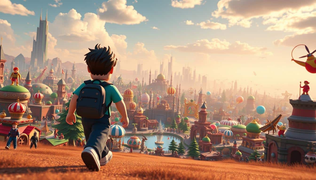 A vibrant and captivating scene of Roblox exploration. In the foreground, a young avatar navigates through a meticulously crafted virtual world, their every step filled with a sense of wonder and discovery. The middle ground showcases a diverse array of imaginative game environments, each brimming with unique characters, structures, and interactive elements. In the background, a vast, immersive landscape unfolds, its horizon dotted with towering skyscrapers, fantastical landscapes, and whimsical creations that exemplify the boundless creativity of the Roblox community. Soft, warm lighting casts a gentle glow, creating an atmosphere of warmth and inviting exploration. The image is captured from an eye-level perspective, inviting the viewer to step into the virtual realm and experience the thrill of Roblox firsthand.