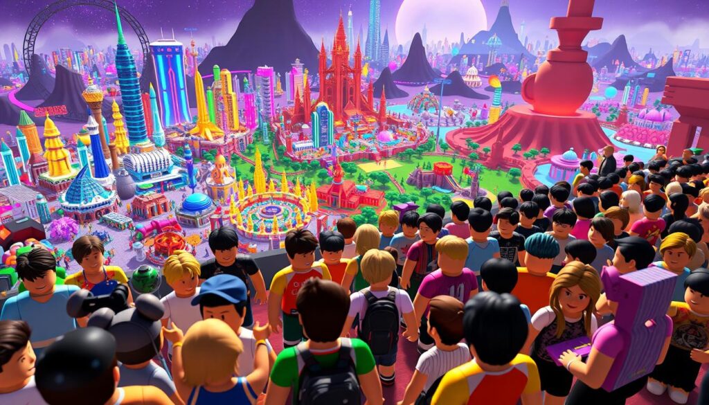 A vibrant and diverse community of Roblox players, gathered in a bustling virtual world. In the foreground, avatars of various shapes, sizes, and styles engage in animated conversations, playing games, and exploring the platform's boundless creative potential. The middle ground features a patchwork of user-generated game worlds, each with its own unique aesthetic and gameplay mechanics. In the background, a kaleidoscope of neon-lit skyscrapers and fantastical landscapes hint at the endless possibilities of the Roblox metaverse. The scene is bathed in a warm, inviting glow, capturing the energy, creativity, and sense of wonder that permeates the Roblox community.