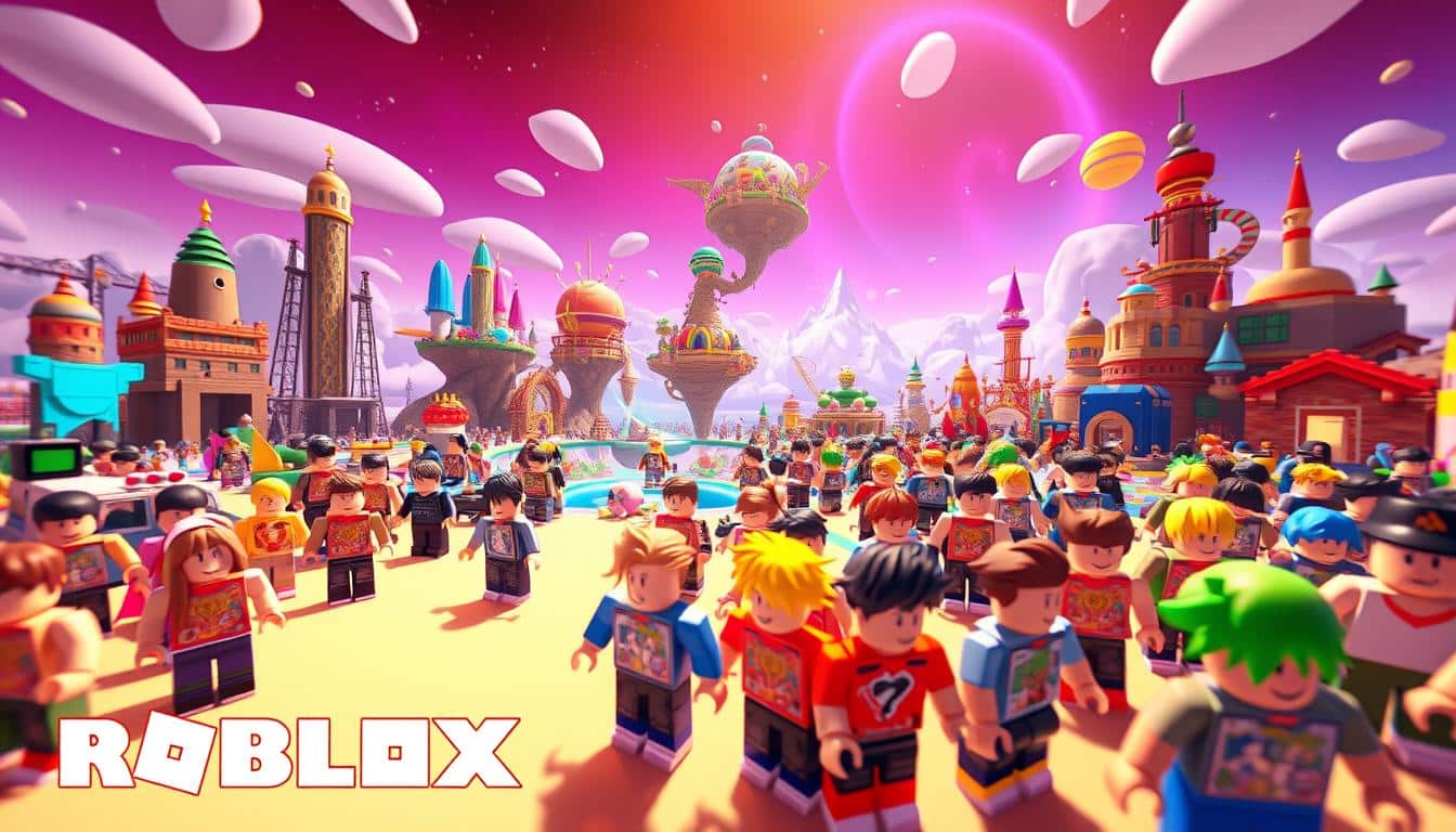 A vibrant and immersive Roblox gaming platform set in a dynamic 3D world. The foreground features a diverse cast of customizable, blocky avatars engaged in various creative activities, such as building, coding, and playing user-generated games. The middle ground showcases a range of imaginative and whimsical game environments, from futuristic cityscapes to fantastical landscapes. The background is filled with a sense of boundless creativity, with floating islands, colorful buildings, and a vibrant, neon-lit sky. The lighting is warm and inviting, casting a sense of wonder and exploration. The camera angle is slightly elevated, allowing the viewer to take in the full breadth of the Roblox universe and the endless possibilities for creative expression.