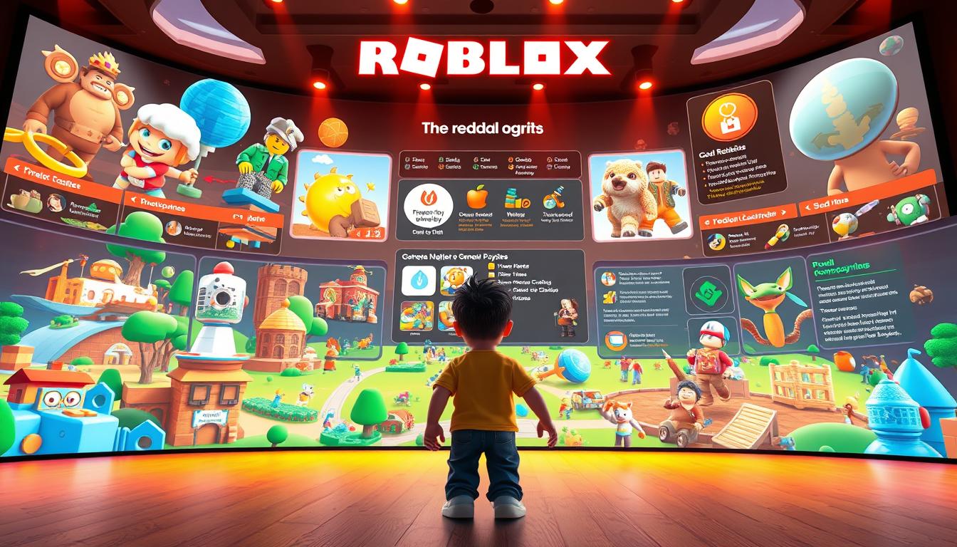 A vibrant and informative Roblox guide, rendered in a detailed 3D illustration. In the foreground, a young player stands before a vast, whimsical Roblox world, filled with colorful game environments, interactive objects, and engaging characters. The middle ground showcases various Roblox gameplay elements, such as character customization, game creation tools, and a range of popular game genres. The background features a sleek, modern interface, showcasing Roblox's robust community and development platform. The scene is illuminated by warm, directional lighting, creating a welcoming and inviting atmosphere. Captured from a low, dynamic camera angle, the image conveys a sense of exploration, discovery, and the boundless creative potential of the Roblox universe.