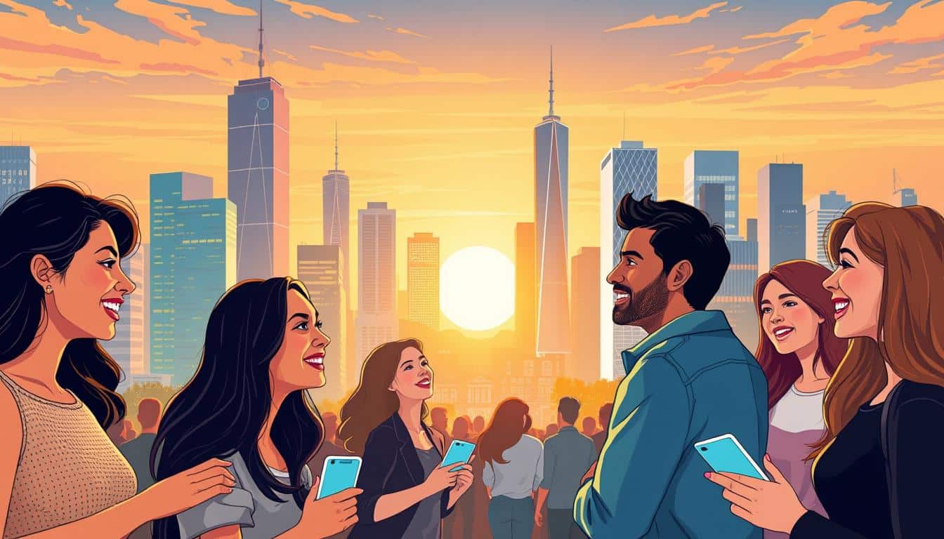A vibrant and inviting illustration showcasing the benefits of dating apps. In the foreground, a diverse group of young adults engaging in lively conversations, their expressions radiating excitement and connection. In the middle ground, a visually striking cityscape, with skyscrapers and neon-lit buildings creating a dynamic, urban atmosphere. The background features a warm, golden-hued sunset, casting a serene and romantic glow over the entire scene. The lighting is soft and natural, highlighting the warm and friendly mood. The overall composition is balanced, with a sense of depth and movement, encouraging the viewer to imagine the possibilities of finding meaningful connections through dating apps.