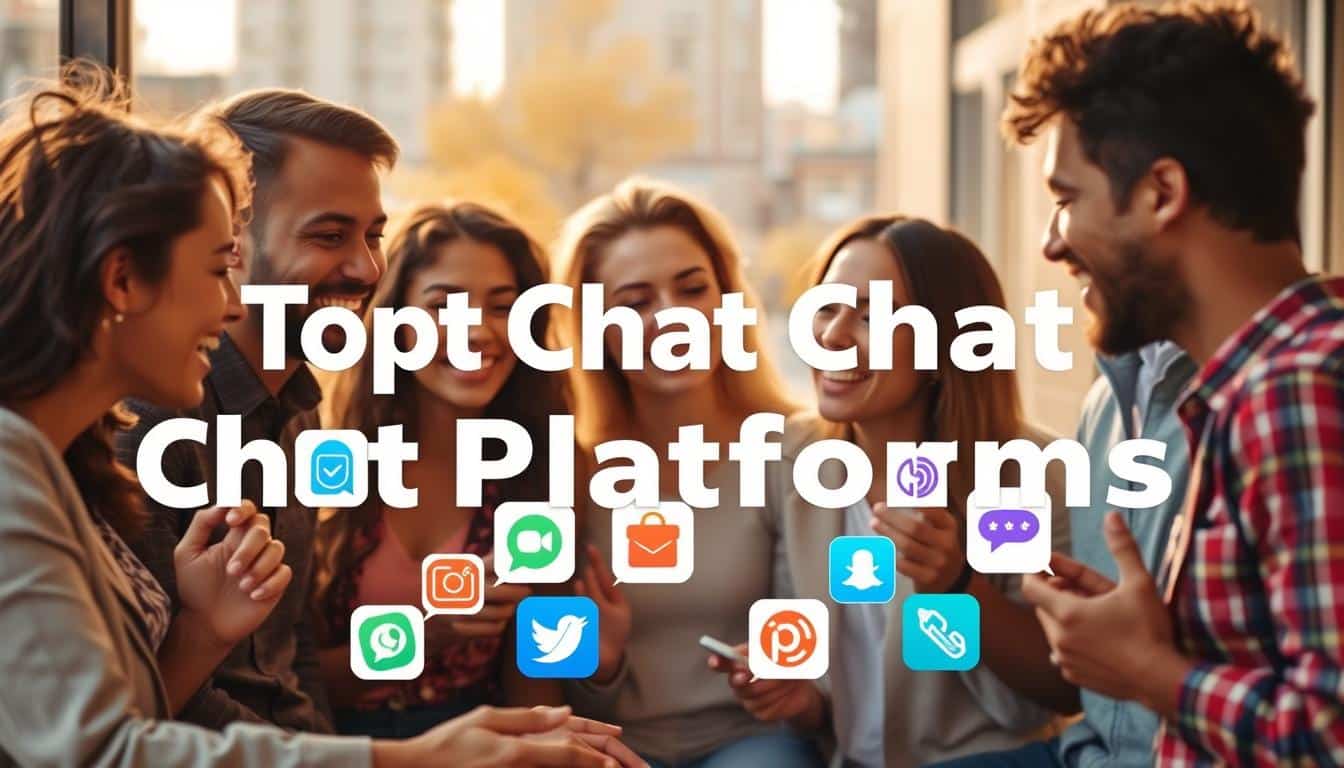 A vibrant and inviting scene showcasing the top online chat platforms. The foreground features a group of diverse people engaged in animated conversations, their expressions conveying a sense of connection and camaraderie. The middle ground showcases various chat app icons and logos, each with a distinct design and color palette, representing the breadth of available options. The background is a softly blurred urban landscape, hinting at the global reach and accessibility of these chat platforms. The lighting is warm and natural, creating a cozy and welcoming atmosphere. The overall composition is balanced and visually appealing, drawing the viewer's attention to the core message of the image - the ease and joy of connecting with others through the best chat platforms.