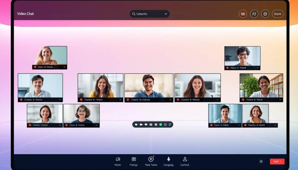 A vibrant and modern video chat platform, featuring a sleek interface with intuitive controls. In the foreground, several video windows display friendly, diverse faces engaged in lively conversations. The middle ground showcases a variety of communication tools and icons, such as microphone, camera, and sharing options. The background depicts a minimalist, tech-inspired environment with clean lines, soft lighting, and a subtle gradient that evokes a sense of digital connectivity. The overall scene conveys a seamless, user-friendly experience for effortless video and voice chat integration. A vibrant and modern video chat platform, featuring a sleek interface with intuitive controls. In the foreground, several video windows display friendly, diverse faces engaged in lively conversations. The middle ground showcases a variety of communication tools and icons, such as microphone, camera, and sharing options. The background depicts a minimalist, tech-inspired environment with clean lines, soft lighting, and a subtle gradient that evokes a sense of digital connectivity. The overall scene conveys a seamless, user-friendly experience for effortless video and voice chat integration.
