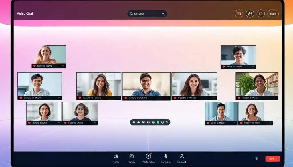 Una piattaforma di videochat vivace e moderna, caratterizzata da un'interfaccia elegante con controlli intuitivi. In primo piano, diverse finestre video mostrano volti amichevoli e diversi impegnati in conversazioni animate. Il centro dell'immagine mostra una varietà di strumenti di comunicazione e icone, come microfono, fotocamera e opzioni di condivisione. Lo sfondo raffigura un ambiente minimalista, ispirato alla tecnologia, con linee pulite, illuminazione soffusa e un gradiente sottile che evoca un senso di connettività digitale. La scena complessiva trasmette un'esperienza fluida e facile da usare per un'integrazione senza sforzo di video e chat vocale. Una piattaforma di videochat vivace e moderna, caratterizzata da un'interfaccia elegante con controlli intuitivi. In primo piano, diverse finestre video mostrano volti amichevoli e diversi impegnati in conversazioni animate. Il centro dell'immagine mostra una varietà di strumenti di comunicazione e icone, come microfono, fotocamera e opzioni di condivisione. Lo sfondo raffigura un ambiente minimalista, ispirato alla tecnologia, con linee pulite, illuminazione soffusa e un gradiente sottile che evoca un senso di connettività digitale. La scena complessiva trasmette un'esperienza fluida e facile da usare per un'integrazione senza sforzo di video e chat vocale.